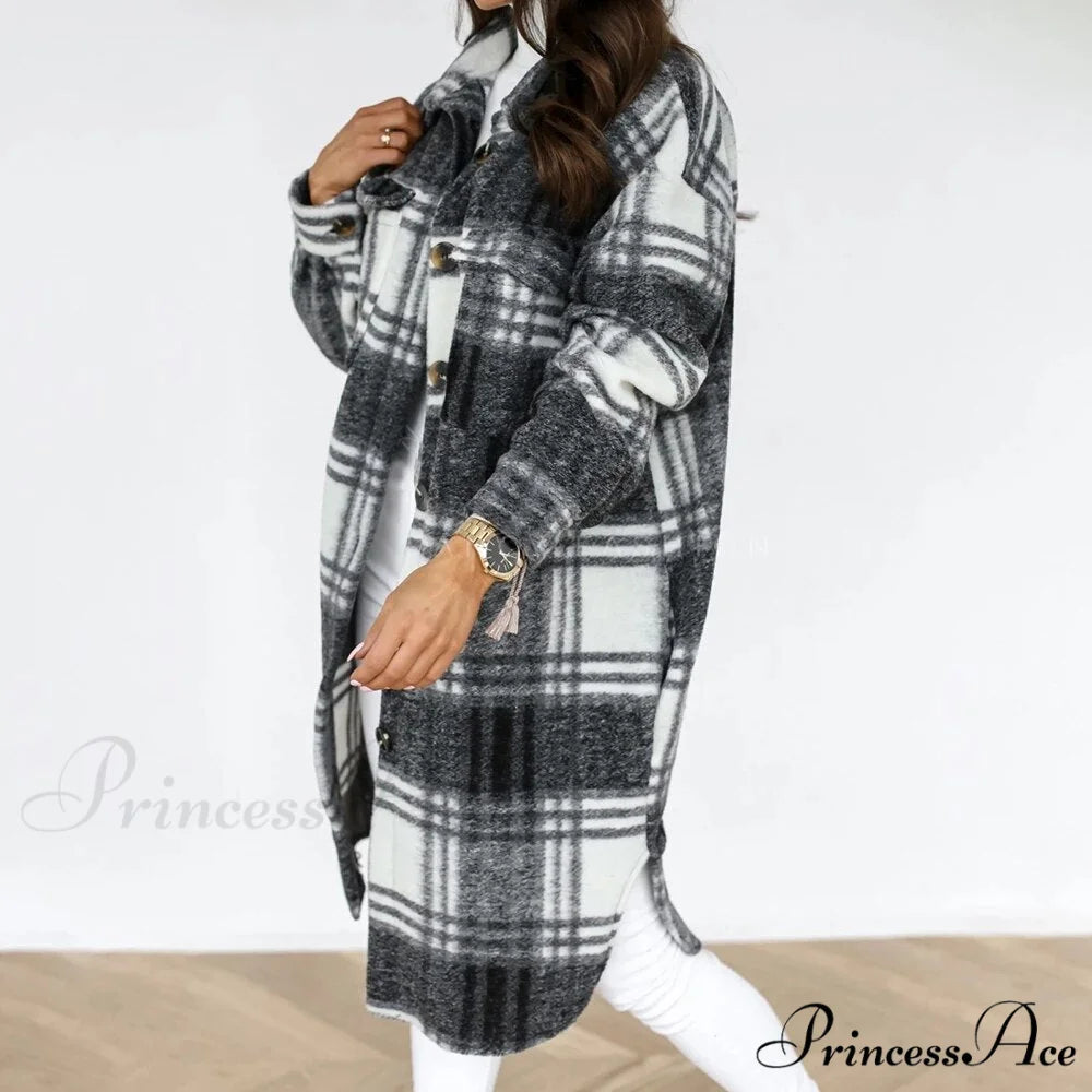 Plaid Long Blouses Coat Black / S