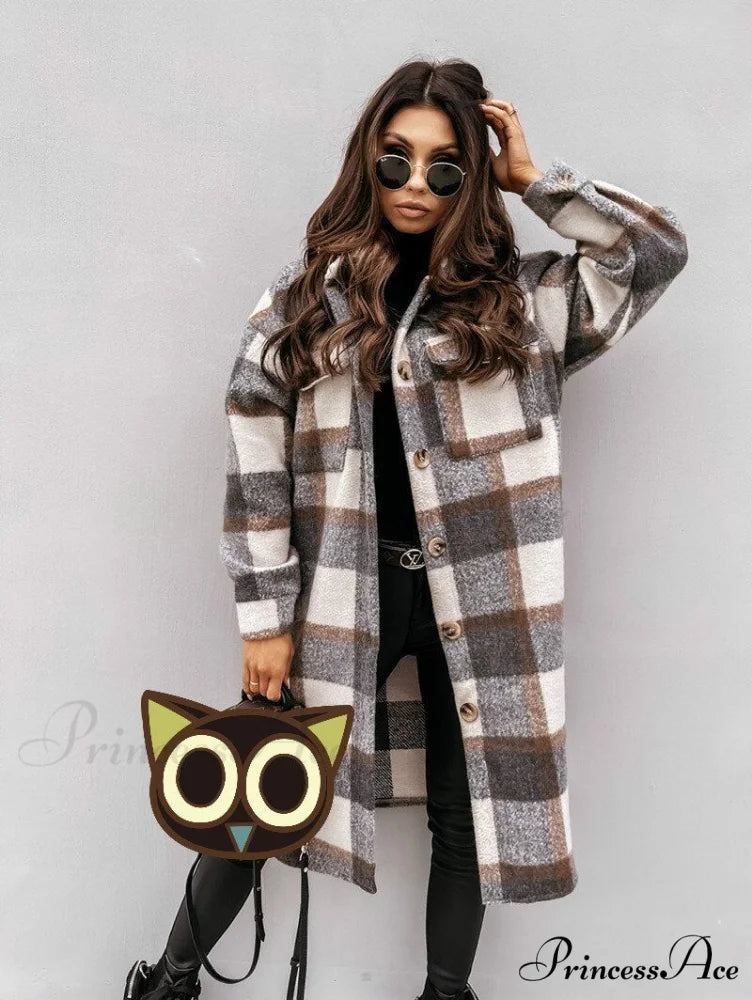 Plaid Long Blouses Coat Dark Grey / S