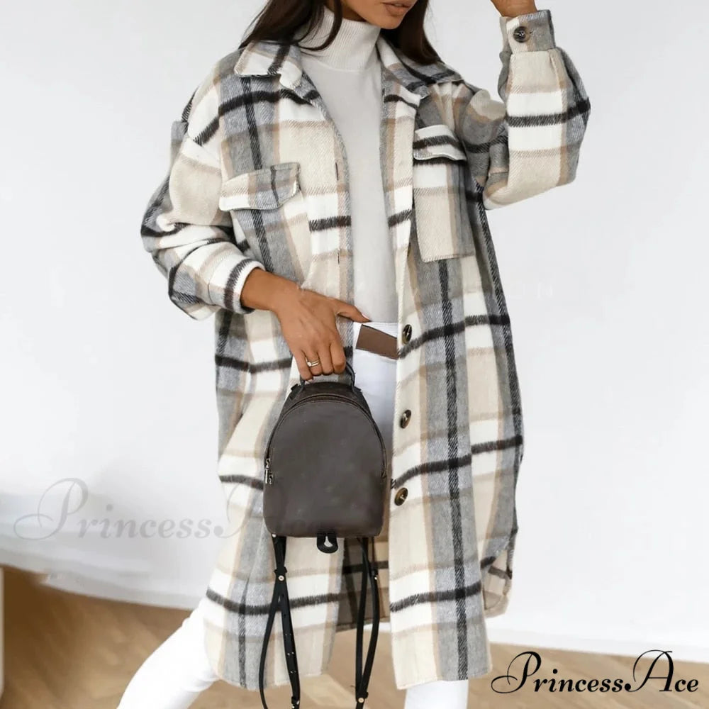 Plaid Long Blouses Coat Gray / S