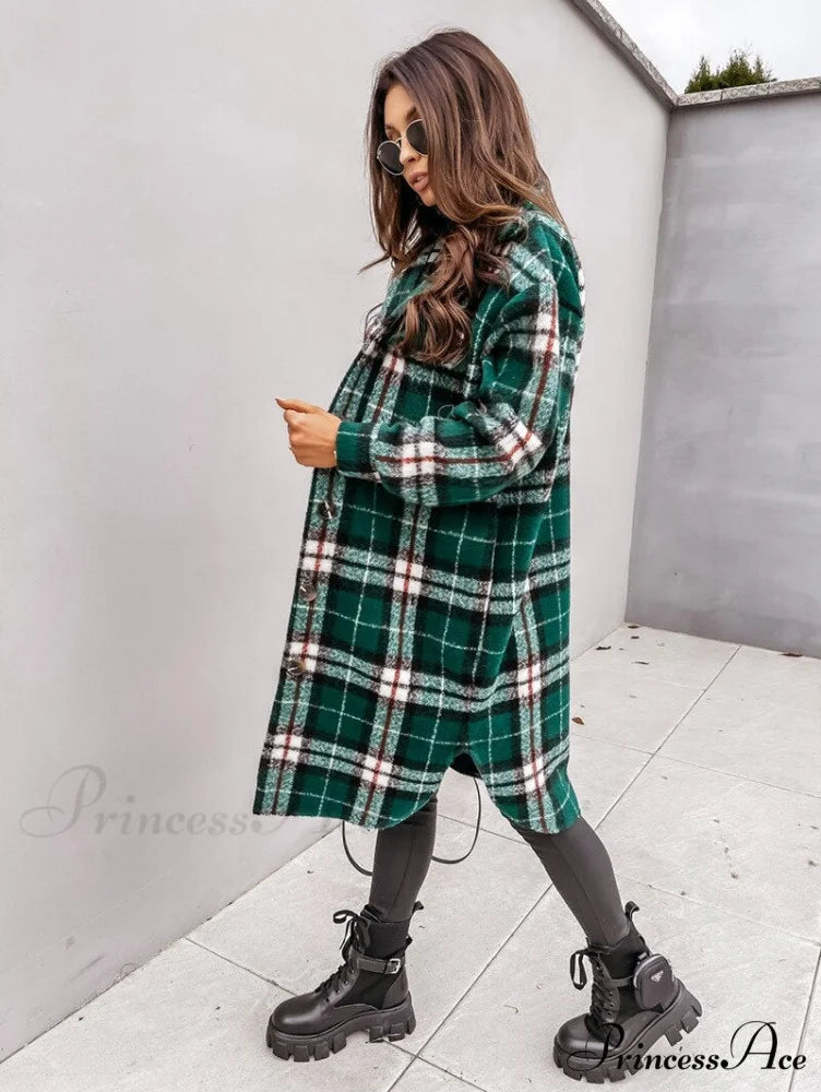 Plaid Long Blouses Coat Green / S