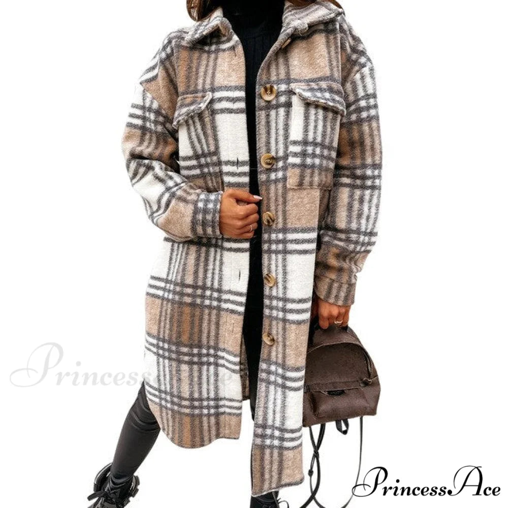 Plaid Long Blouses Coat Khaki / S