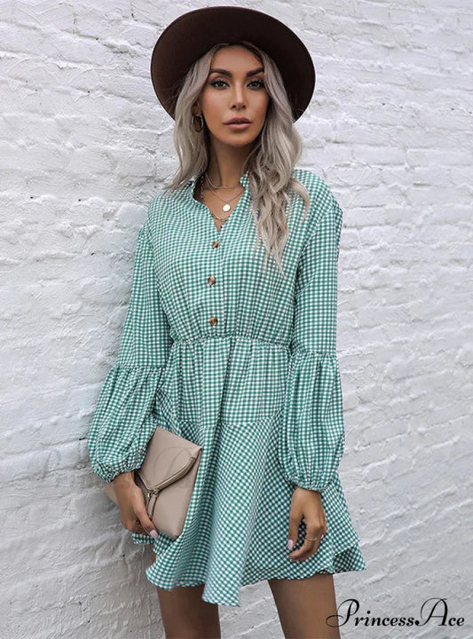 PLAID LONG SLEEVE COLLAR DRESS