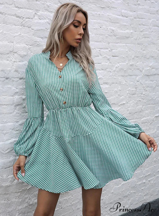PLAID LONG SLEEVE COLLAR DRESS