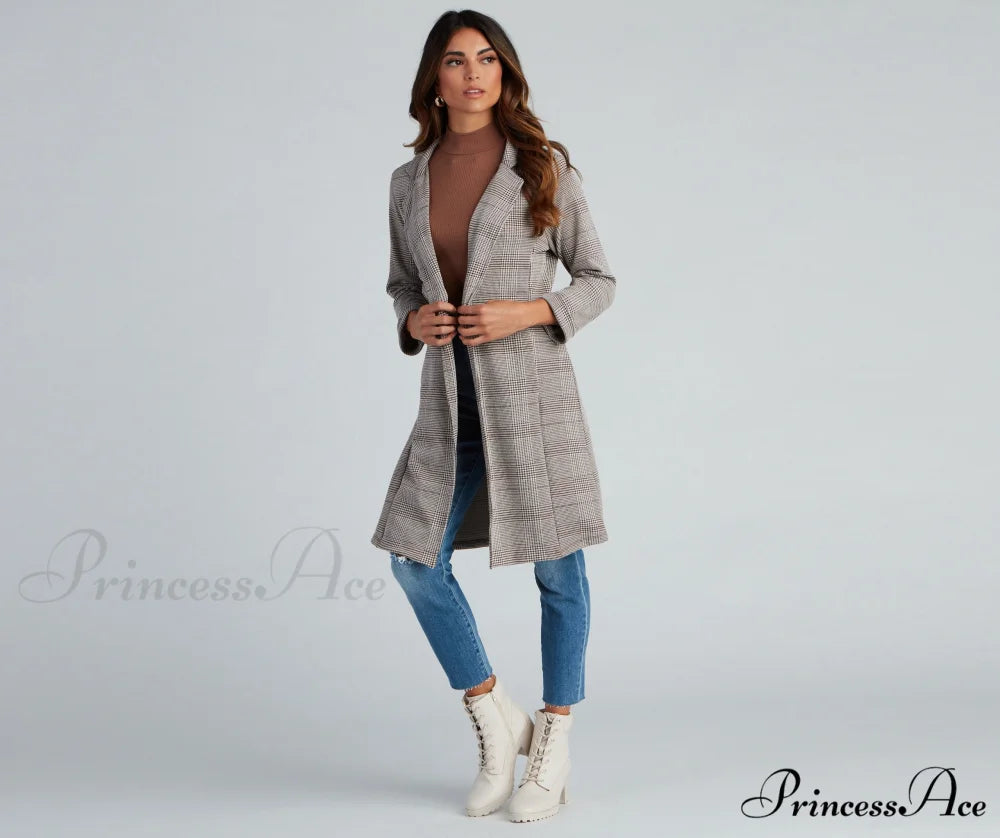 Plaid Longline Blazer by City Chic BROWN / XS