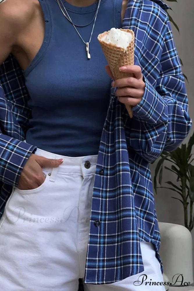 Plaid Loose Blouse Blue / M