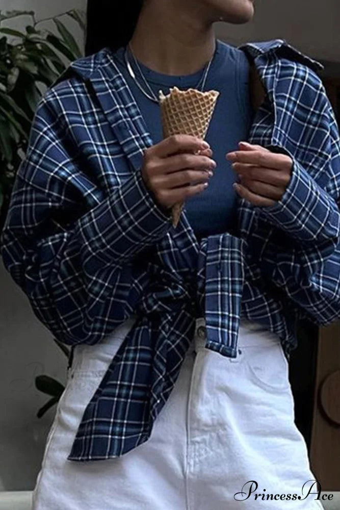 Plaid Loose Blouse Blue / S