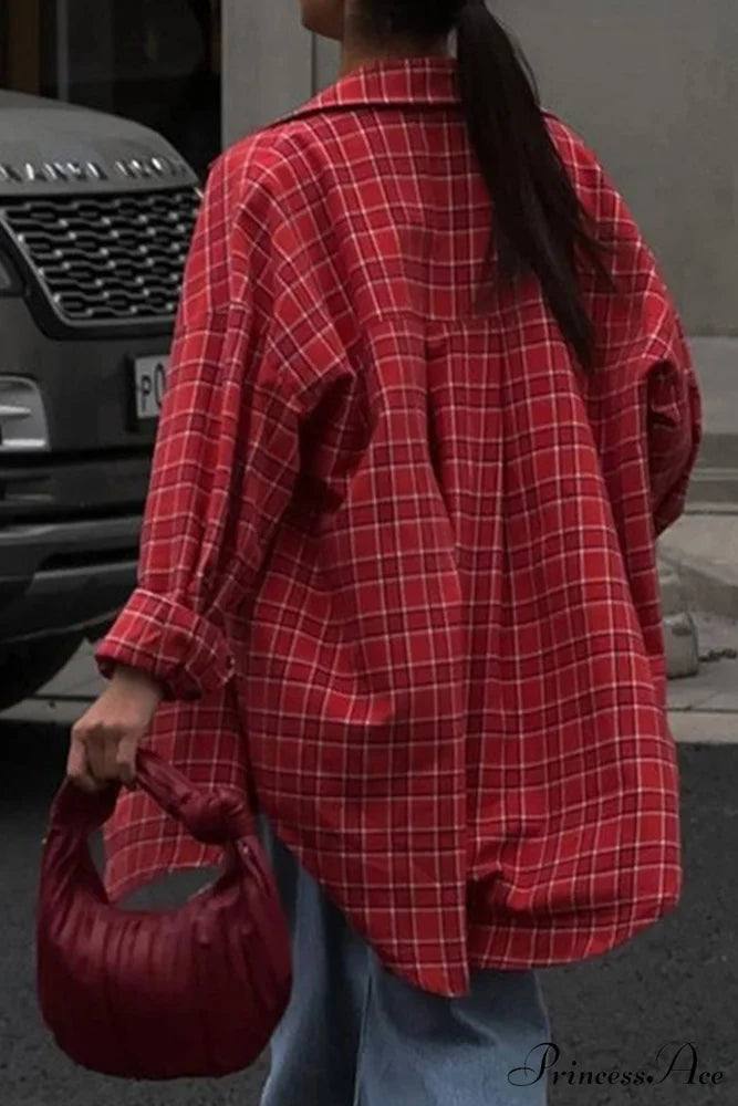 Plaid Loose Blouse Red / L