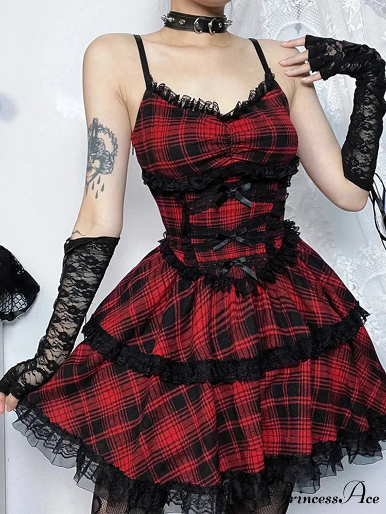 Plaid Mall Goth Grunge Punk Black Emo Party Lace Up Backless Mini Dress A-Line Dress