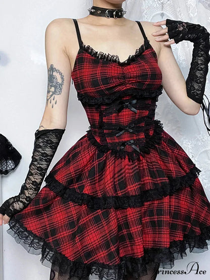 Plaid Mall Goth Grunge Punk Black Emo Party Lace Up Backless Mini Dress A-Line Dress