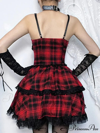 Plaid Mall Goth Grunge Punk Black Emo Party Lace Up Backless Mini Dress A-Line Dress