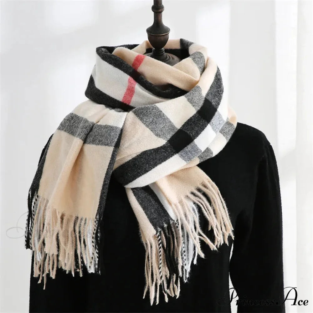 Plaid Mid-length Imitation Cashmere Warm Autumn Winter Scarf apricot