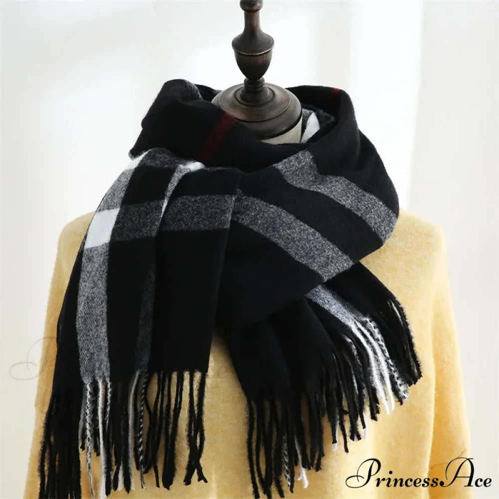 Plaid Mid-length Imitation Cashmere Warm Autumn Winter Scarf black - grey