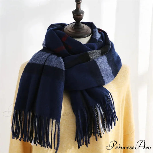 Plaid Mid-length Imitation Cashmere Warm Autumn Winter Scarf blue - black