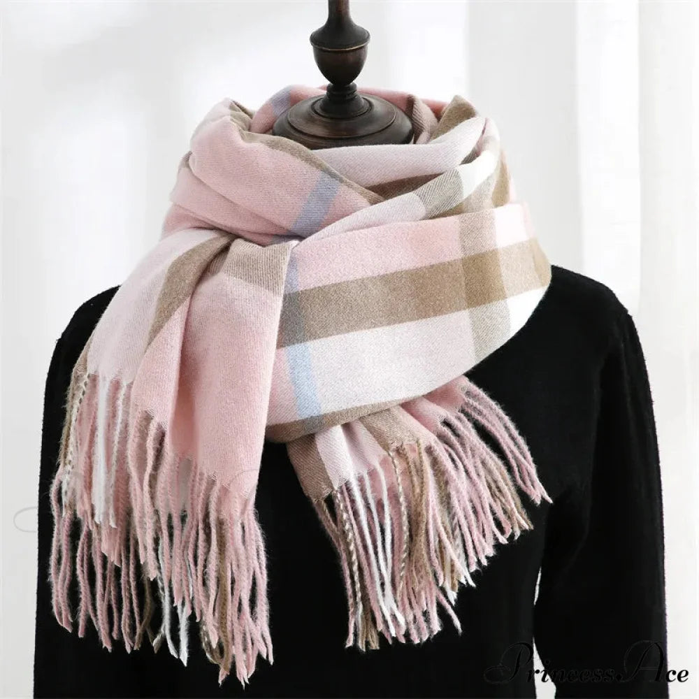 Plaid Mid-length Imitation Cashmere Warm Autumn Winter Scarf light pink