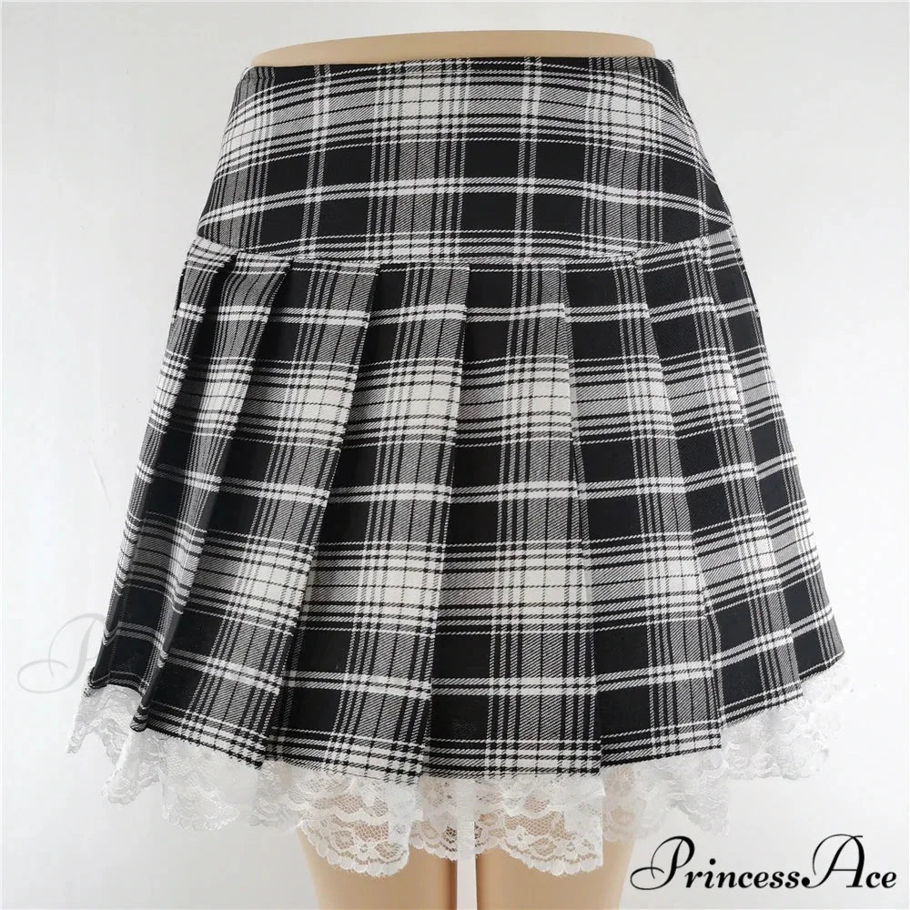 Plaid New Contrast Lace Pleated Vintage Sexy Skater Clothes Harajuku Gothic England Style Y2K Skirt BLACK / S