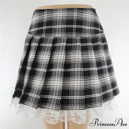 Plaid New Contrast Lace Pleated Vintage Sexy Skater Clothes Harajuku Gothic England Style Y2K Skirt BLACK / S
