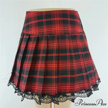 Plaid New Contrast Lace Pleated Vintage Sexy Skater Clothes Harajuku Gothic England Style Y2K Skirt RED / S