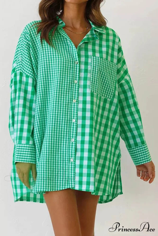 Plaid Patchwork Long Sleeve Shirt Green / 2XL