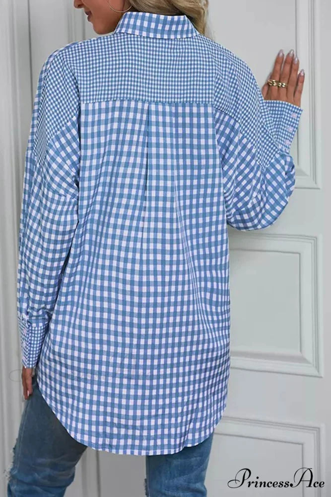 Plaid Patchwork Long Sleeve Shirt Light Blue / 2XL