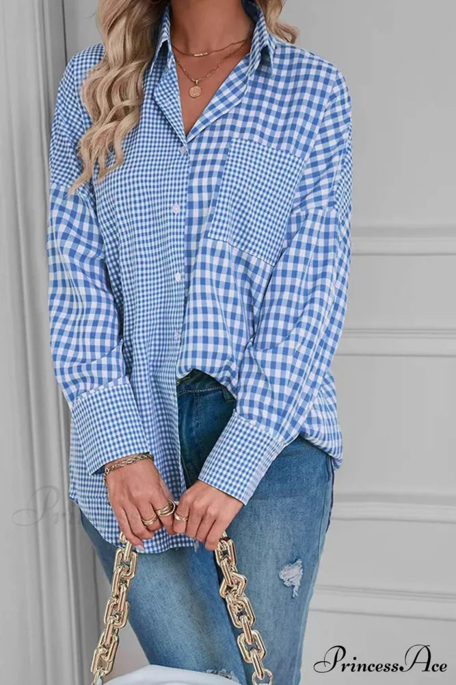 Plaid Patchwork Long Sleeve Shirt Light Blue / L