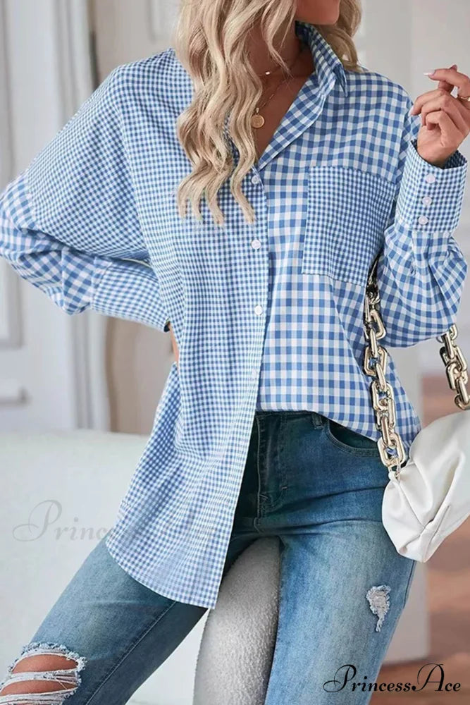 Plaid Patchwork Long Sleeve Shirt Light Blue / S