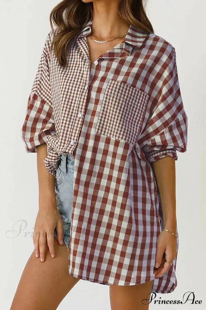 Plaid Patchwork Long Sleeve Shirt Light Brown / S