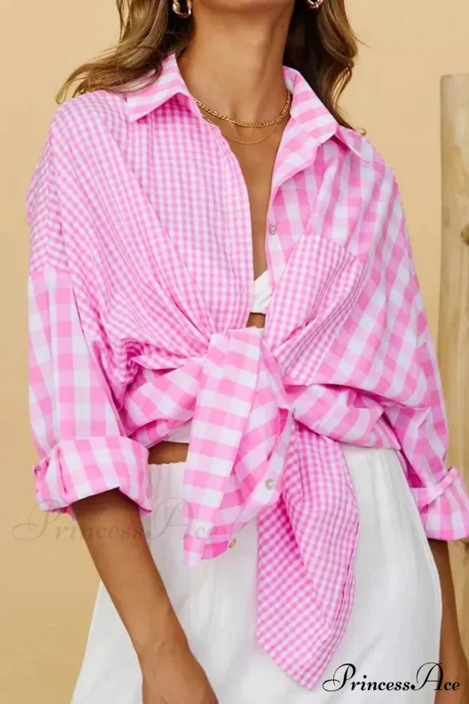 Plaid Patchwork Long Sleeve Shirt Pink / S