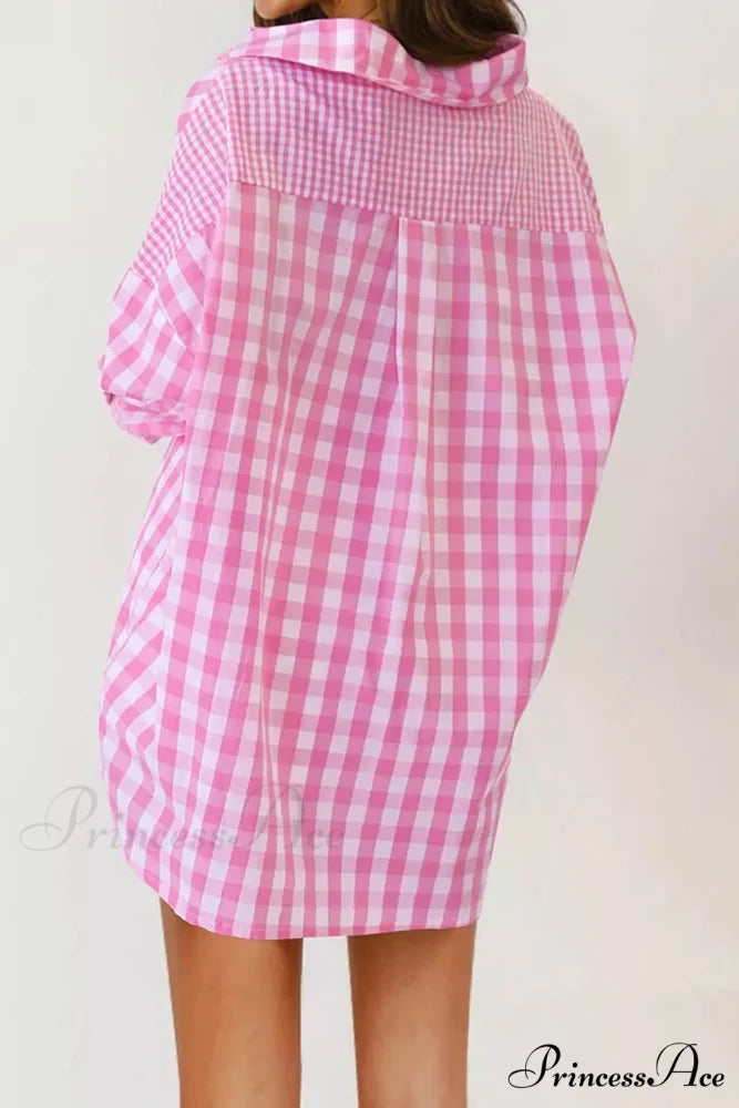 Plaid Patchwork Long Sleeve Shirt Pink / XL