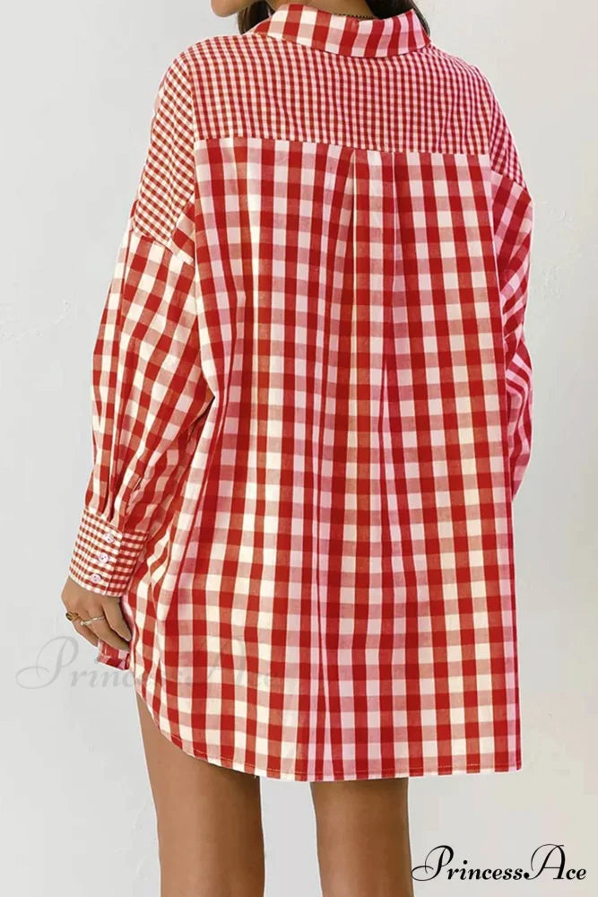 Plaid Patchwork Long Sleeve Shirt Red / S