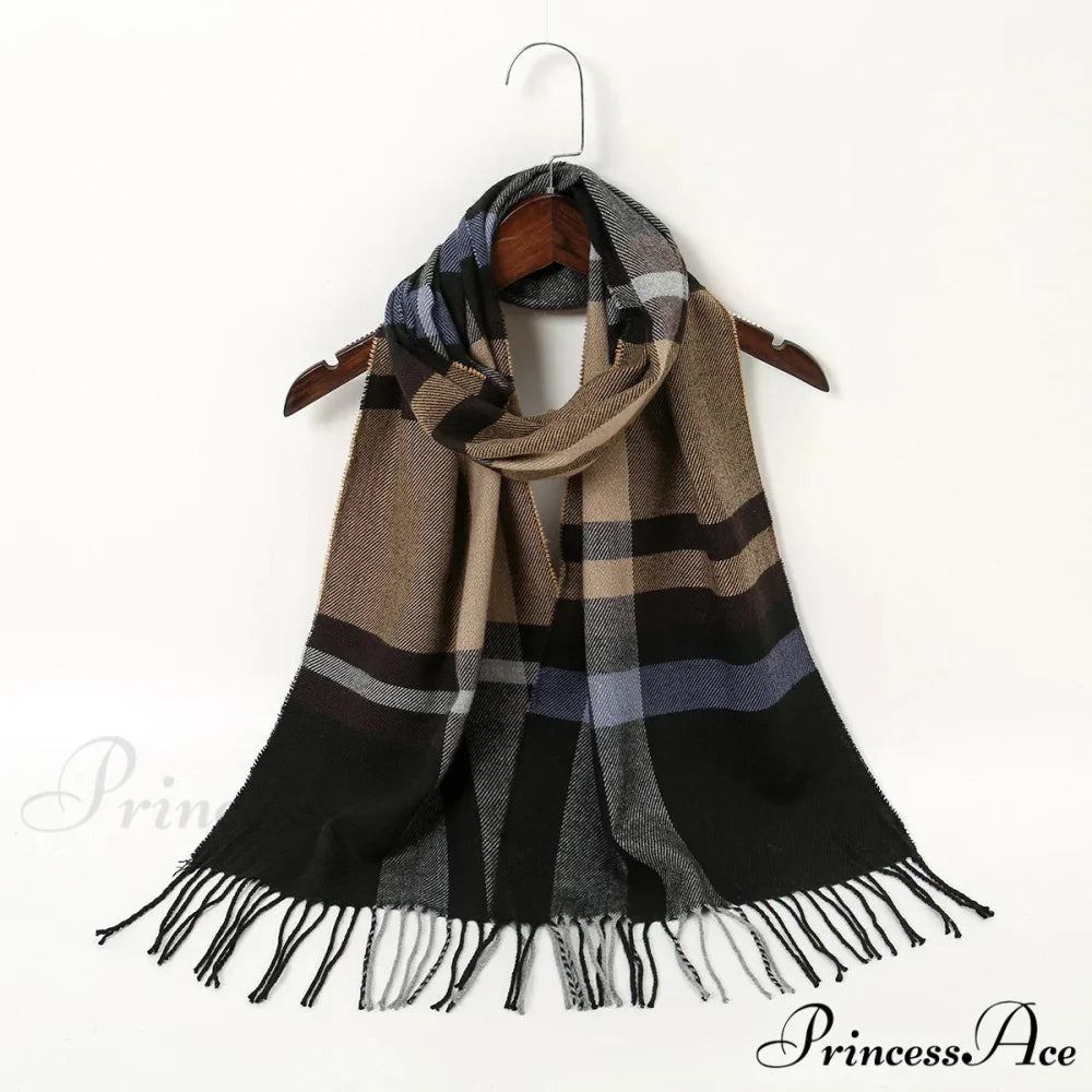 Plaid Print Cashmere Winter Pashmina Scarf with Tassels BLUE