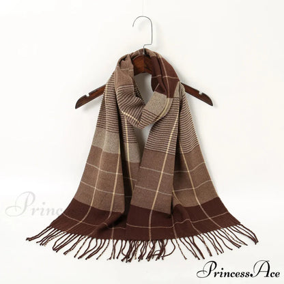 Plaid Print Cashmere Winter Pashmina Scarf with Tassels KHAKI