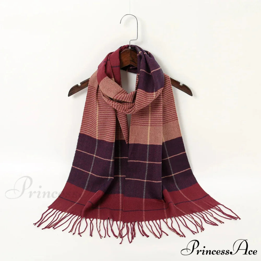 Plaid Print Cashmere Winter Pashmina Scarf with Tassels RED 2