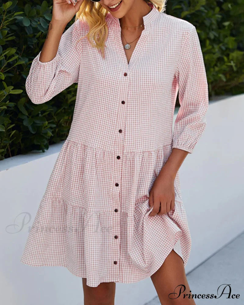 Plaid Print Dress with Stand Collar