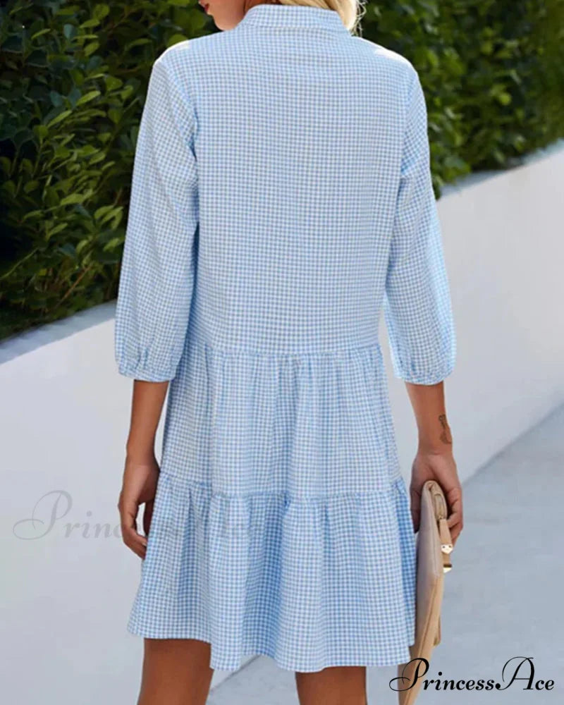 Plaid Print Dress with Stand Collar