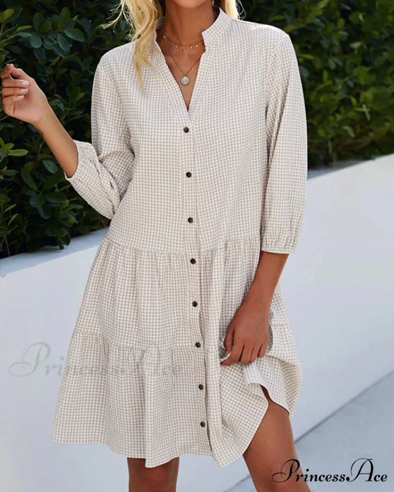 Plaid Print Dress with Stand Collar