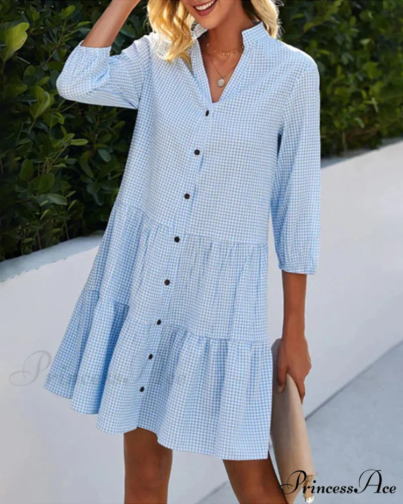 Plaid Print Dress with Stand Collar Blue / S
