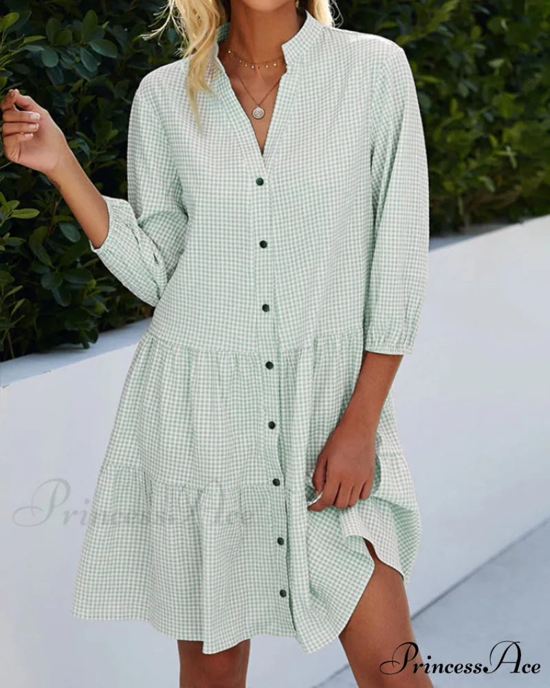 Plaid Print Dress with Stand Collar Green / S