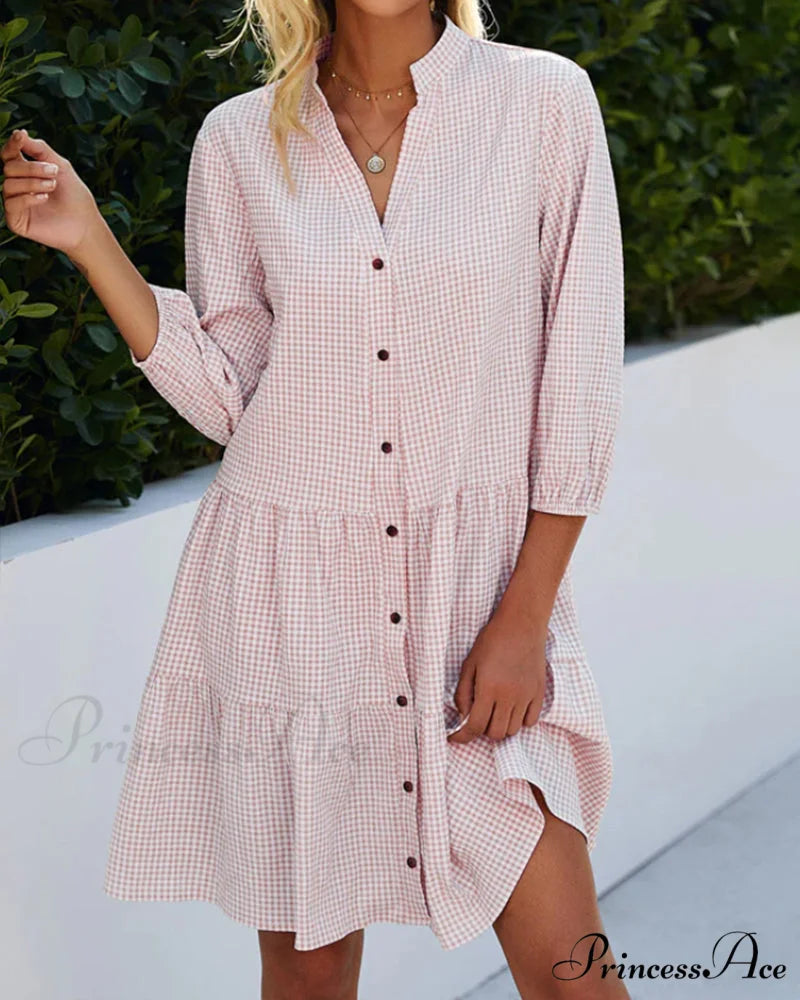 Plaid Print Dress with Stand Collar Pink / S