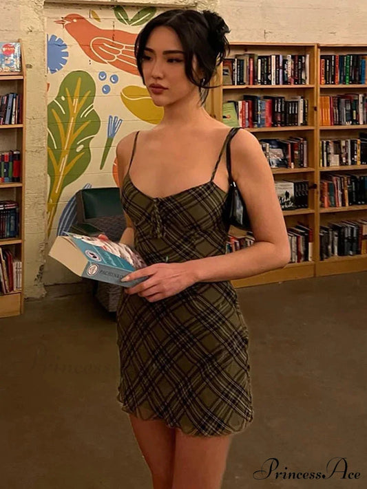 Plaid Print Sundress Vintage Sexy Mini Dress GREEN / S
