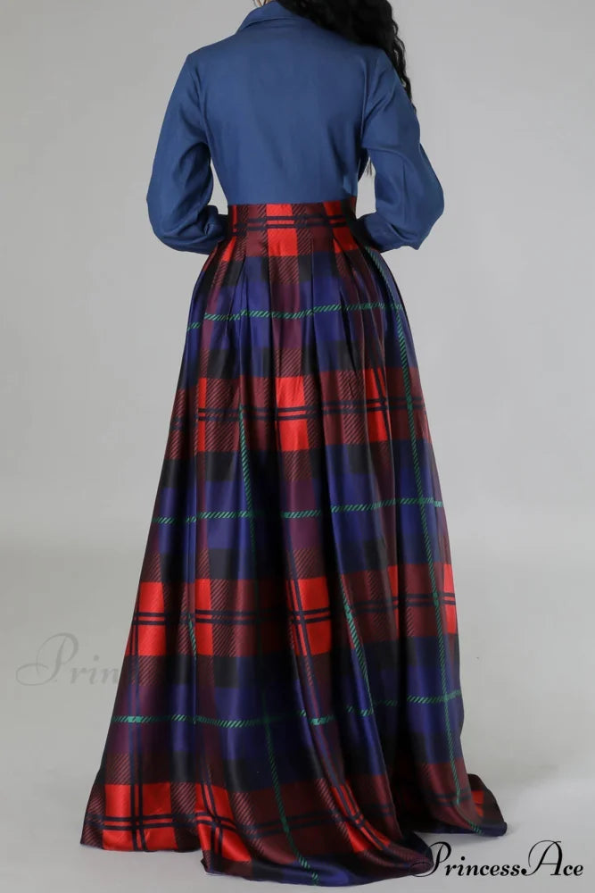 Plaid Printed Shirt Dress with Lapel Red / 2XL