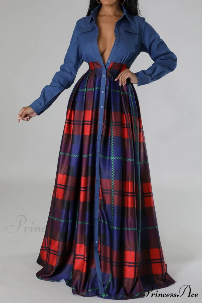 Plaid Printed Shirt Dress with Lapel Red / L