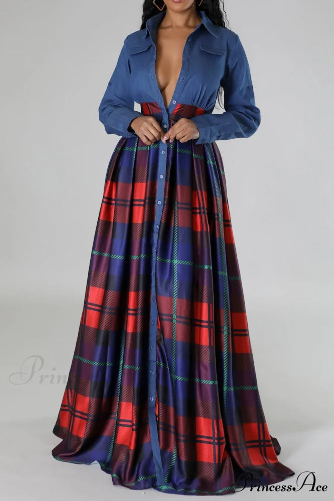 Plaid Printed Shirt Dress with Lapel Red / M