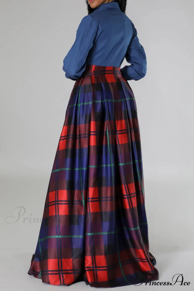 Plaid Printed Shirt Dress with Lapel Red / XL