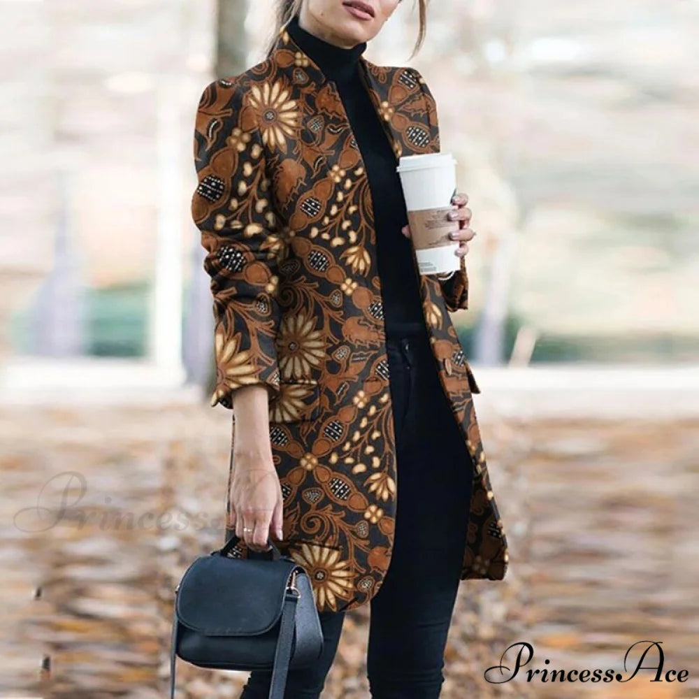 Plaid Printing Long Thin Coat Brown / S
