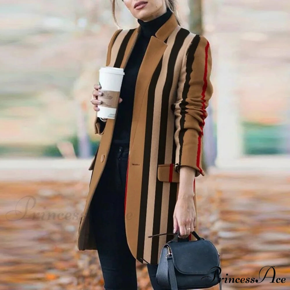 Plaid Printing Long Thin Coat Camel / S