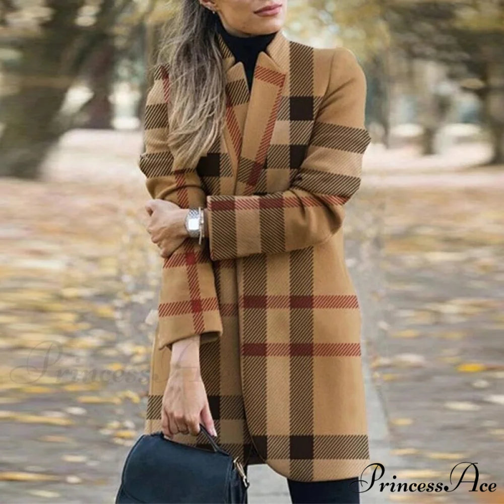 Plaid Printing Long Thin Coat Khaki / S