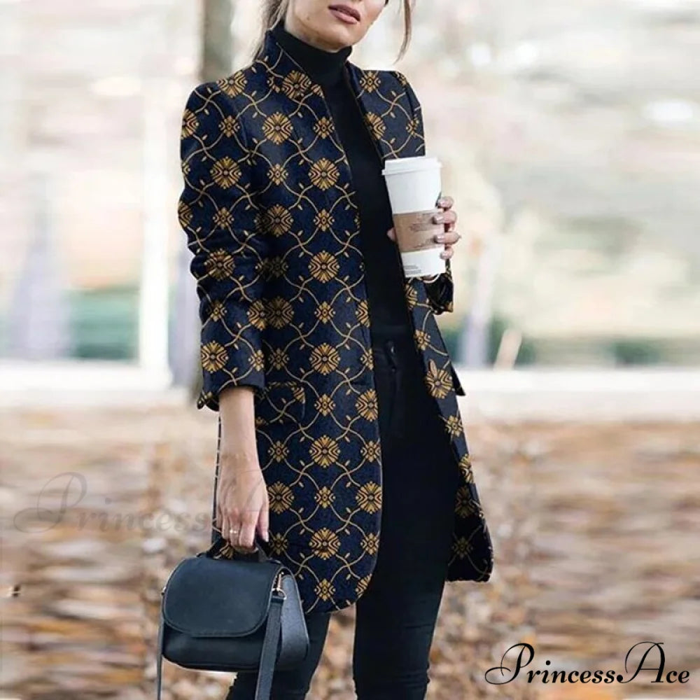 Plaid Printing Long Thin Coat Navy Blue / S