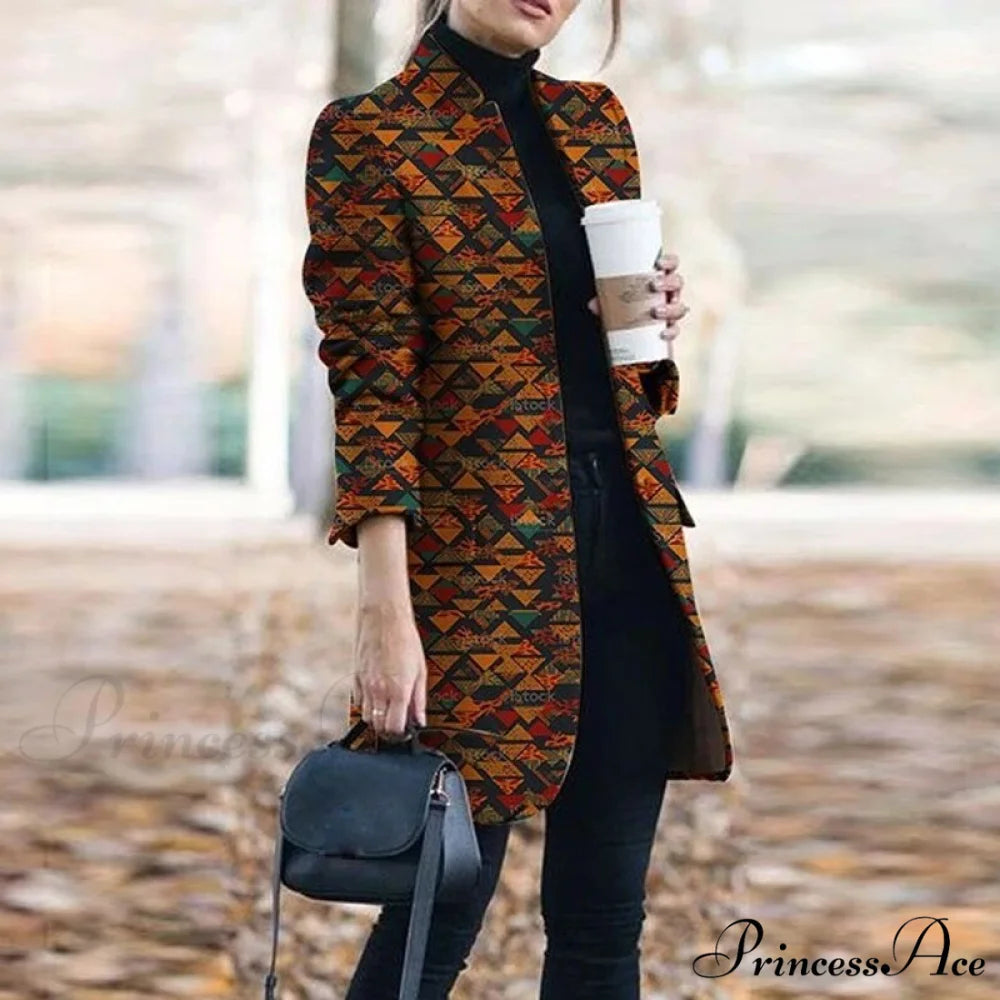 Plaid Printing Long Thin Coat Orange / S