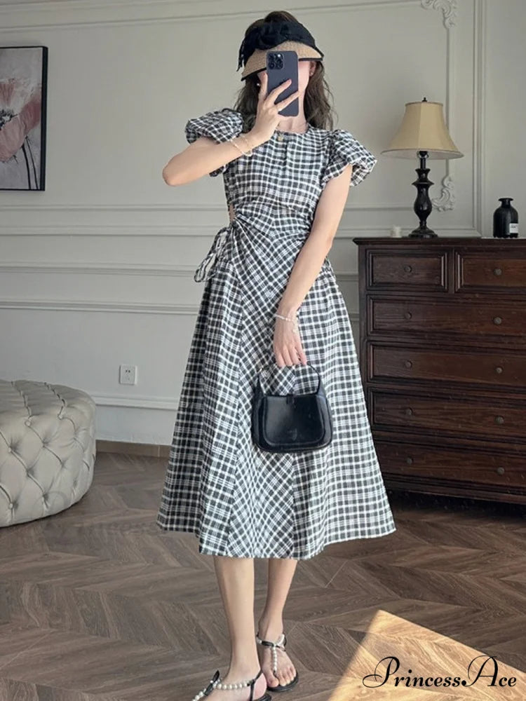 Plaid Puff Sleeve Dress with Hollow Out Design