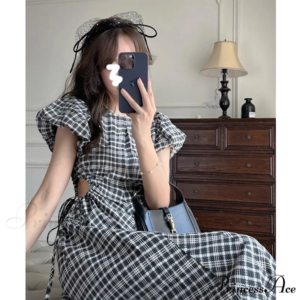 Plaid Puff Sleeve Dress with Hollow Out Design